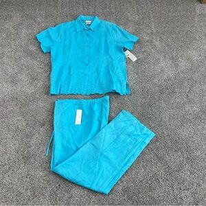 Vtg NWT Rene Margo Sky Blue Ramie Button Up Shirt Pant Set Women’s Plus Size 3X